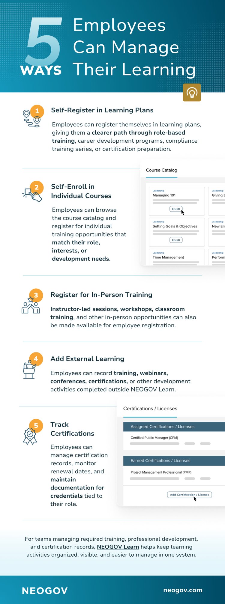 NEOGOV Learn Infographic - 5 Ways Employees Can Manage Their Learning